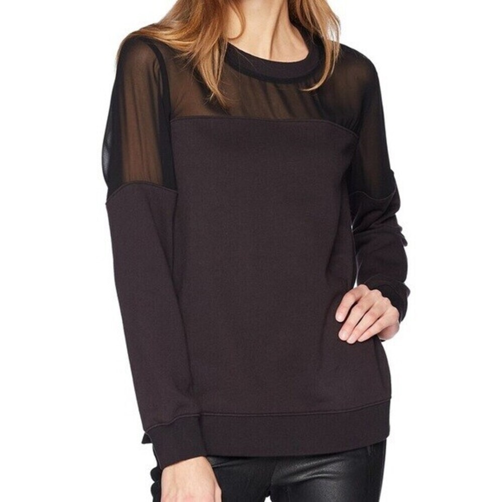 BCBGMAXAZRIA Women's Martina Mixed Mediating Sleeve Sweatshirt Black Size L $248